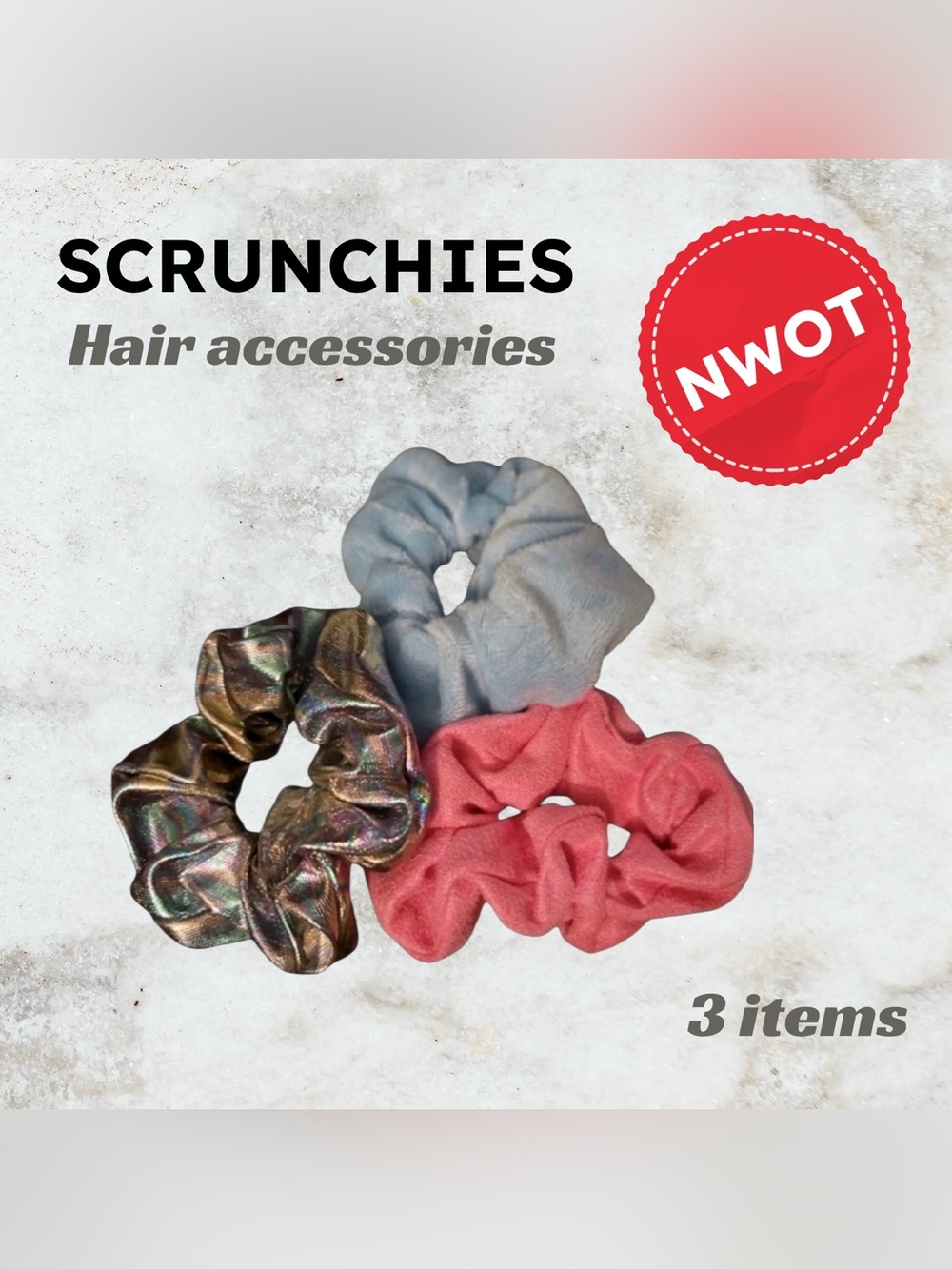 🆕NWOT SCRUNCHIES | 3X mixed texture set Velvet pink, Blue & metallic vibe